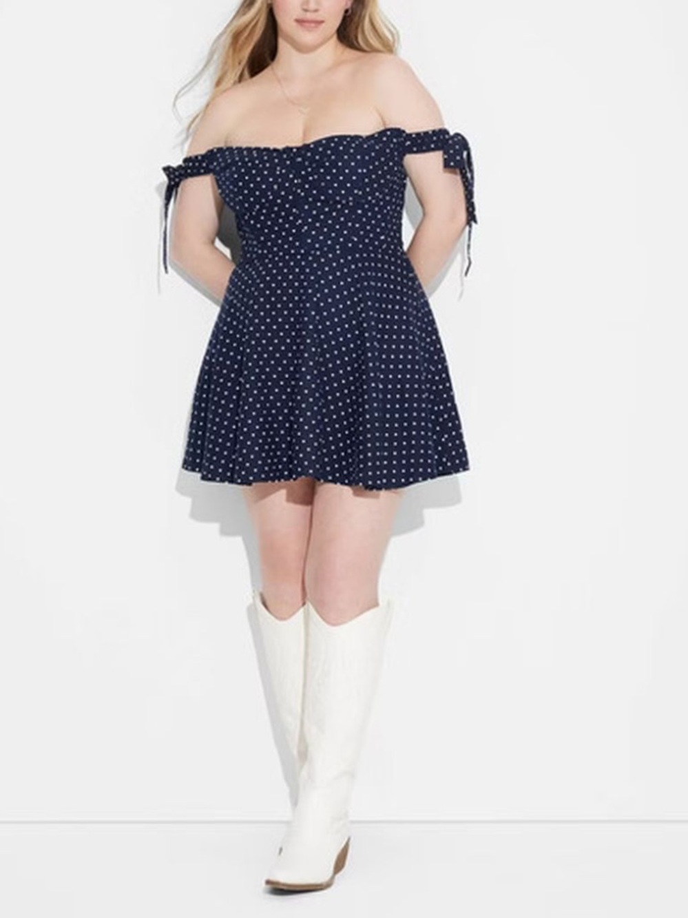 NWT MEGAN MARONEY Off-Shoulder Navy Heart Shaped Polka Dot Mini Dress